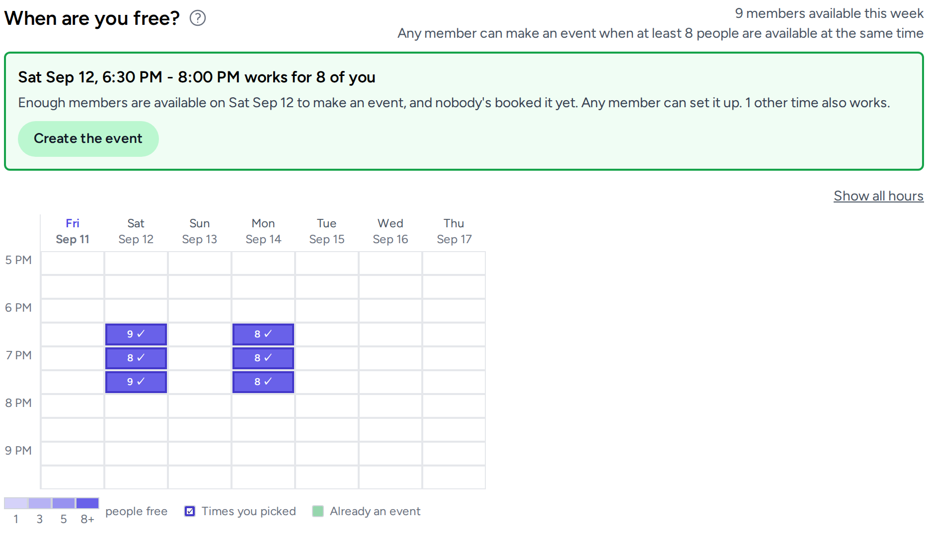 The availability grid, with a banner offering a ready-to-lock-in time and cells shaded by how many members are free