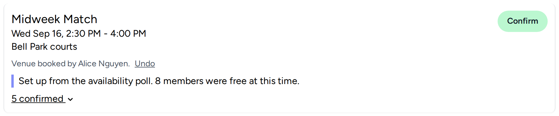 An event card showing the time, location, venue status, description, and attendee count