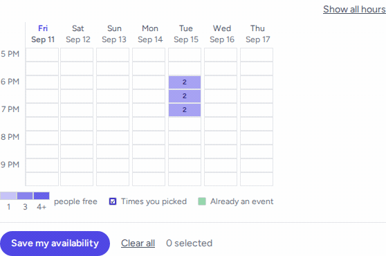 Animation of dragging the mouse across four evening cells on the availability grid to mark them free, then clicking Save my availability, on a grid where two other members had already marked a different evening