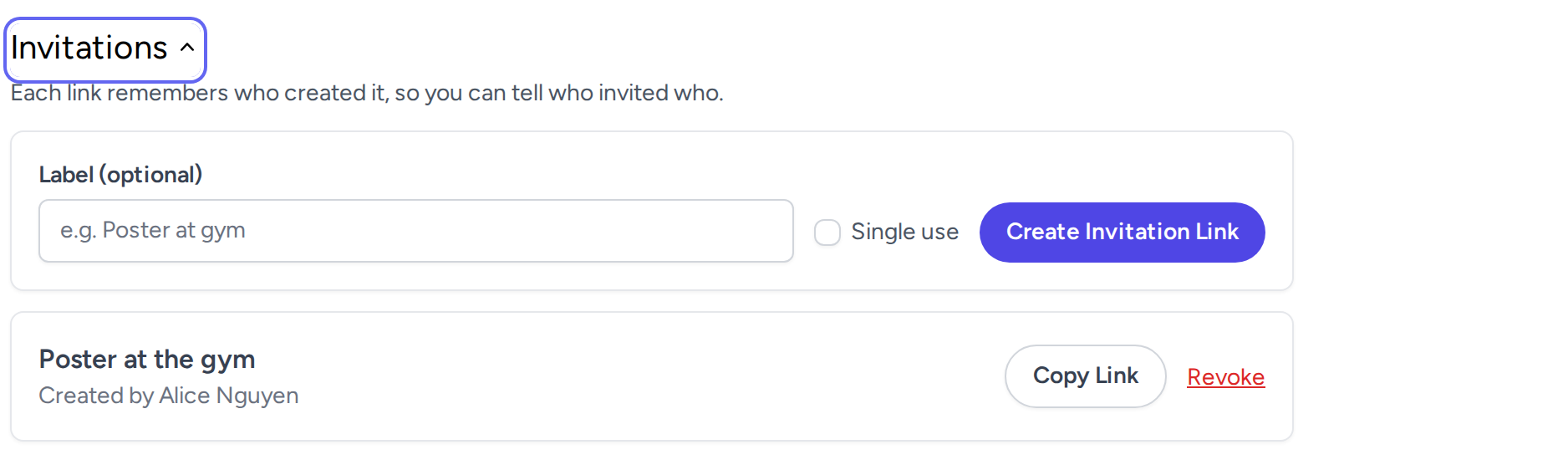 The Invitations panel, with a form to create a new link and a labelled link already created