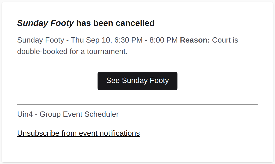 Example cancellation email, naming the event and the reason it was called off