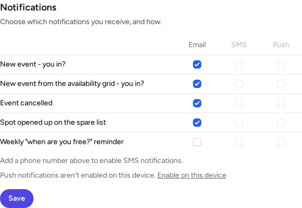 The Notifications section of the Profile page, with a channel checkbox grid for each notification type